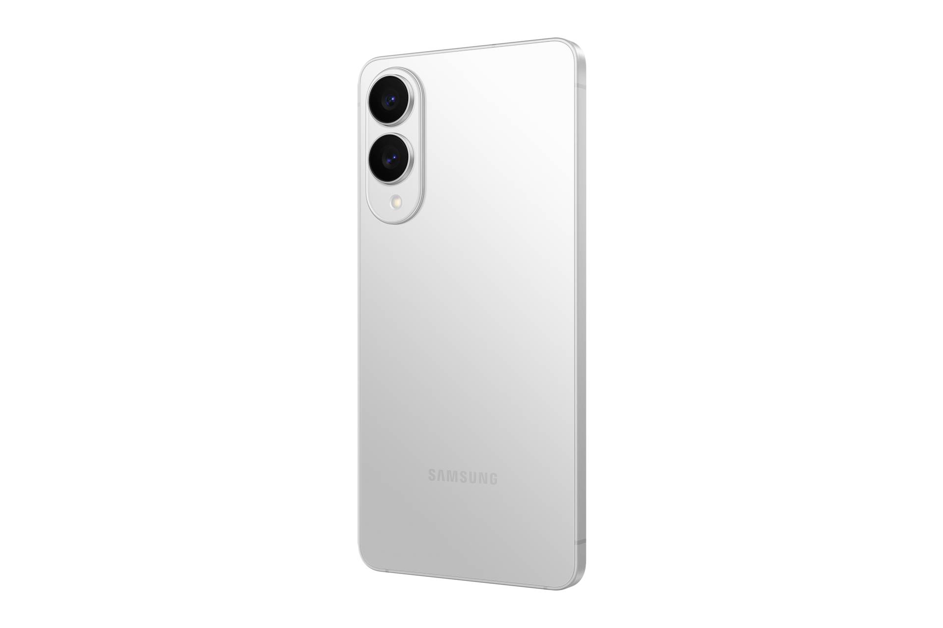 Weißes Samsung-Smartphone von hinten gezeigt, mit dualen Rückkameras und minimalistische Gestaltung auf schwarzem Hintergrund.