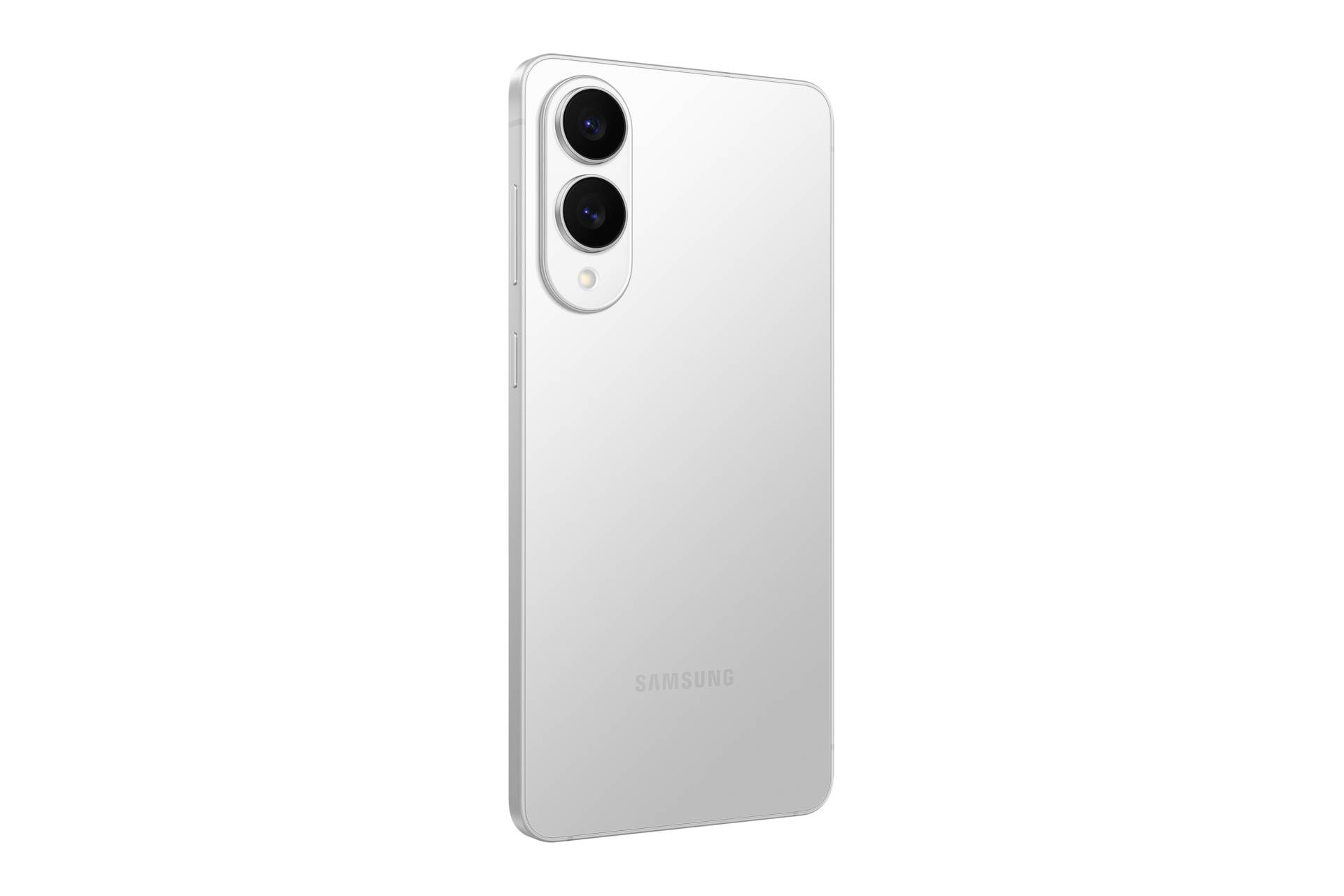 Rückseite eines weißen Samsung-Smartphones mit einem vertikalen Dual-Kamera-Modul auf schwarzem Hintergrund.