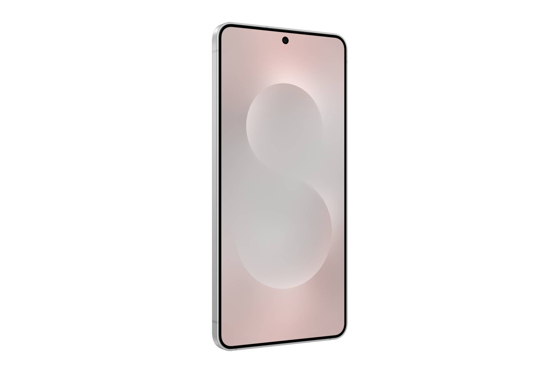 Eine Vorderansicht eines schlanken Smartphones mit rosa Bildschirm und zentrierter Hole-Punch-Kamera, gezeigt vor schwarzem Hintergrund.