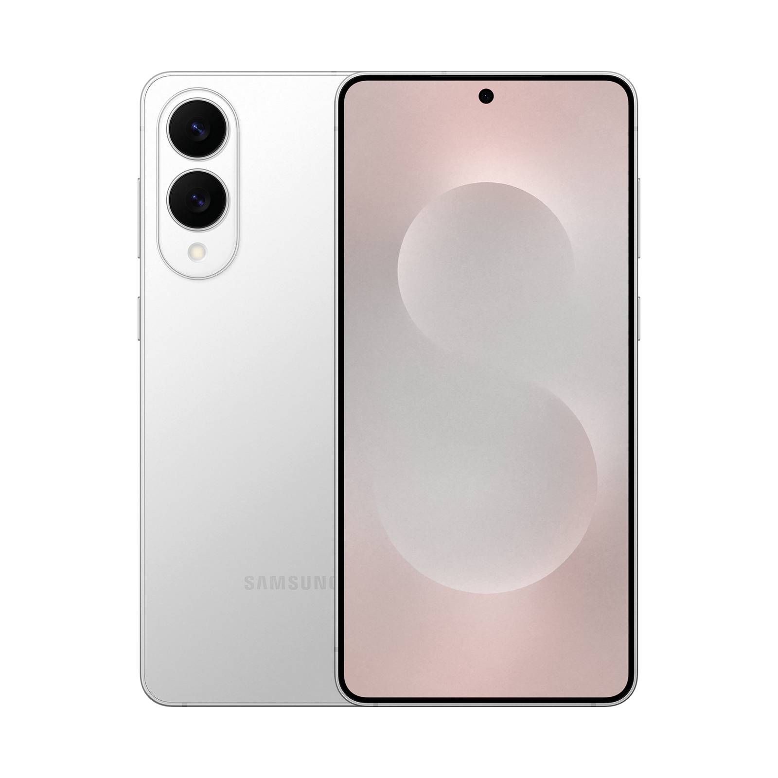 Vorder- und Rückansicht eines weißen Samsung-Smartphones mit Dual-Rückkameras und einem zentrierten Punch-Hole-Display auf schwarzem Hintergrund.