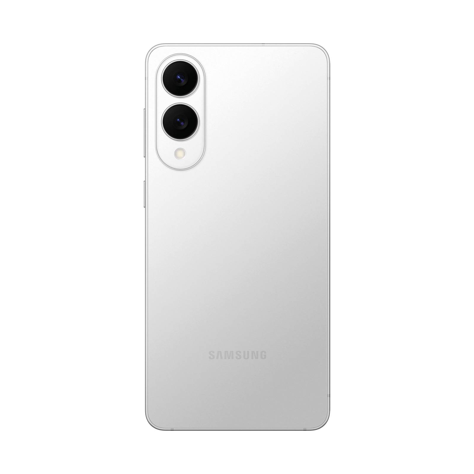 Rückansicht eines weißen Samsung-Smartphones mit dualen Rückkameras und Blitz in einem vertikalen Modul.