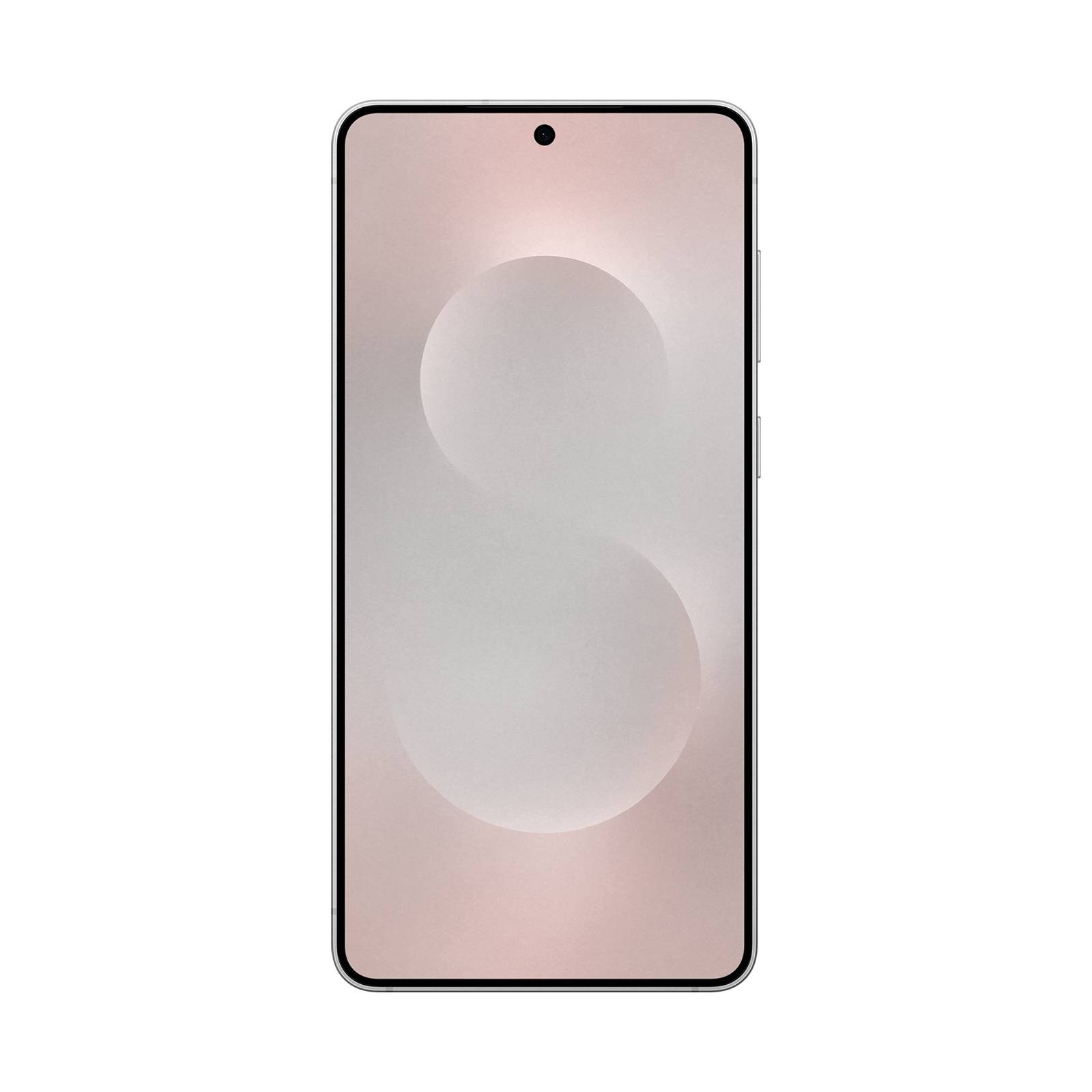 Vorderansicht eines Smartphones mit einem hellrosa Display, zentriert auf schwarzem Hintergrund.