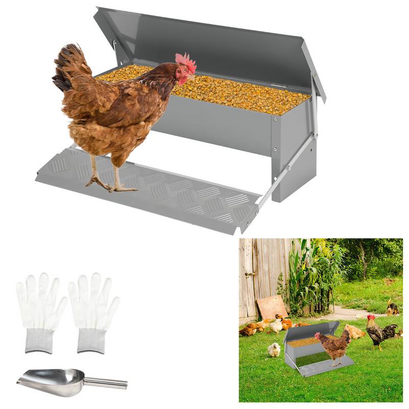 Futterautomat 5KG Futterspender Hühner mit Handschuhe und Edelstahllöffel Geflügelfutterautomat Silber