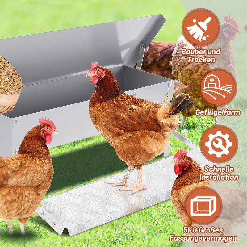 Futterautomat 5KG Futterspender Hühner mit Handschuhe und Edelstahllöffel Geflügelfutterautomat Silber