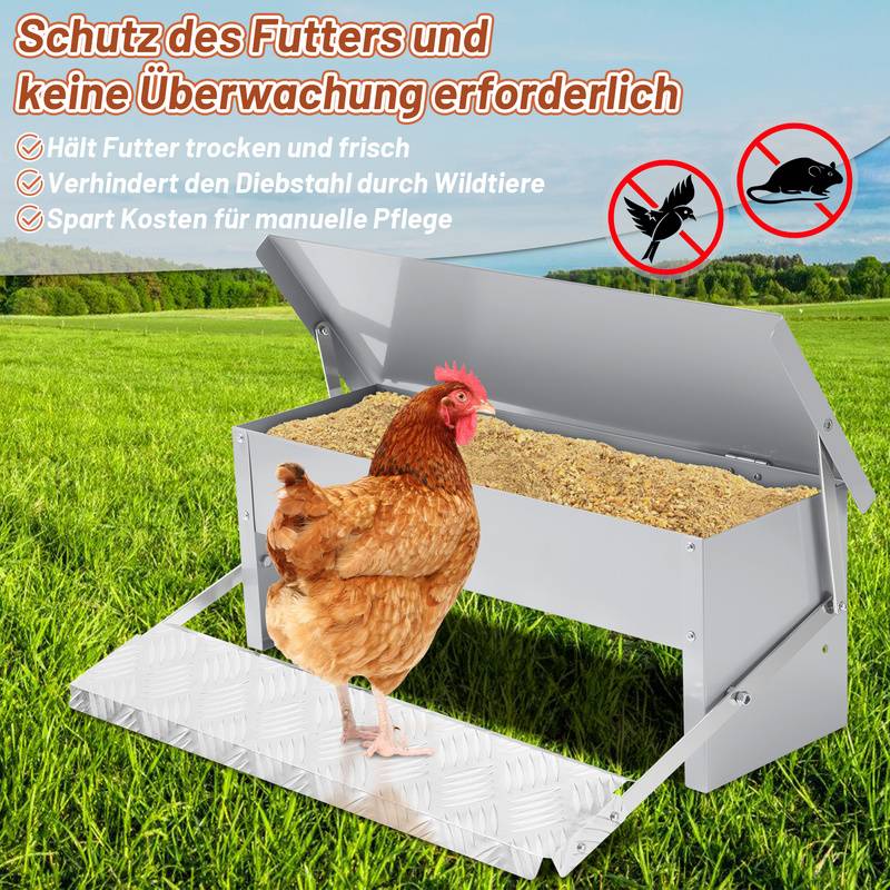 Futterautomat 5KG Futterspender Hühner mit Handschuhe und Edelstahllöffel Geflügelfutterautomat Silber