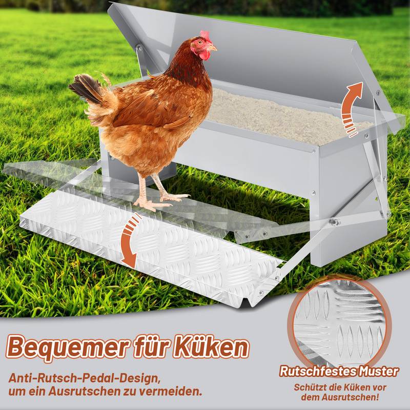 Futterautomat 5KG Futterspender Hühner mit Handschuhe und Edelstahllöffel Geflügelfutterautomat Silber