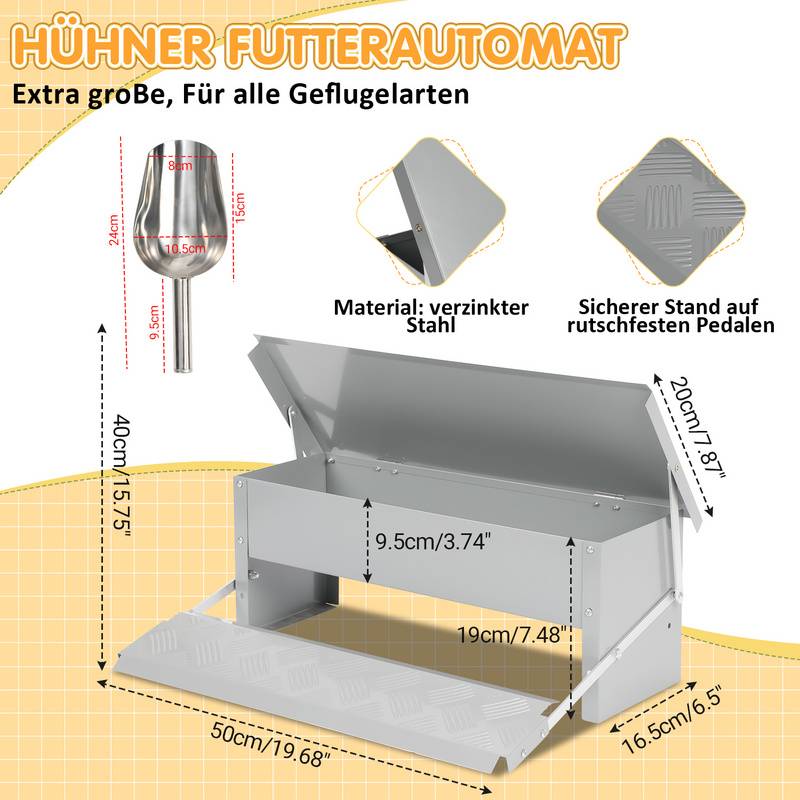 Futterautomat 5KG Futterspender Hühner mit Handschuhe und Edelstahllöffel Geflügelfutterautomat Silber