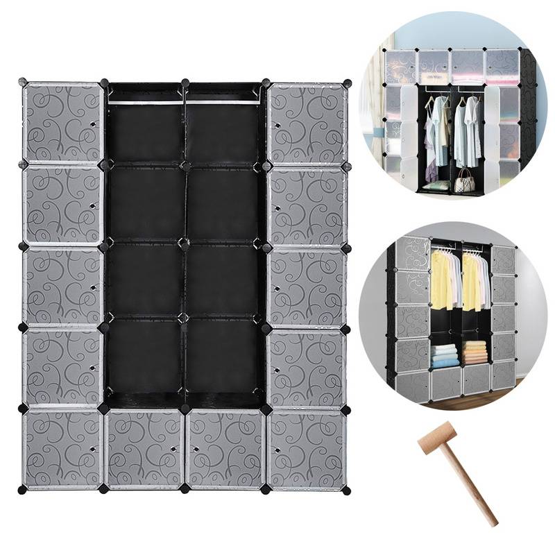 DIY Kleiderschrank Regalsystem Schuhregal 20 Würfel Garderobe aus Kunststoff, 142x37x180cm Schwarz und weiß