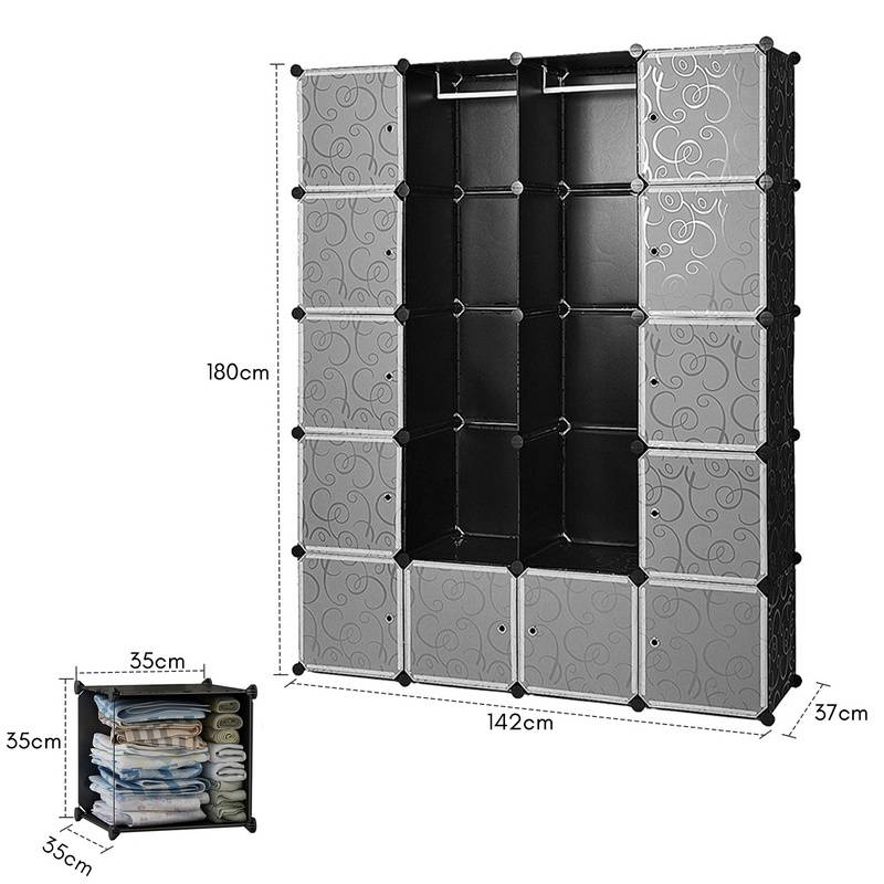 DIY Kleiderschrank Regalsystem Schuhregal 20 Würfel Garderobe aus Kunststoff, 142x37x180cm Schwarz und weiß