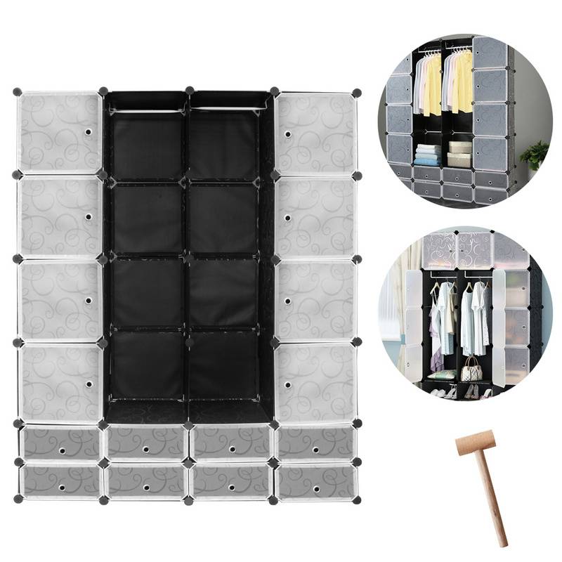 DIY Kleiderschrank Regalsystem Schuhregal 16 Würfel Garderobe aus Kunststoff, 142x37x180cm Schwarz und weiß