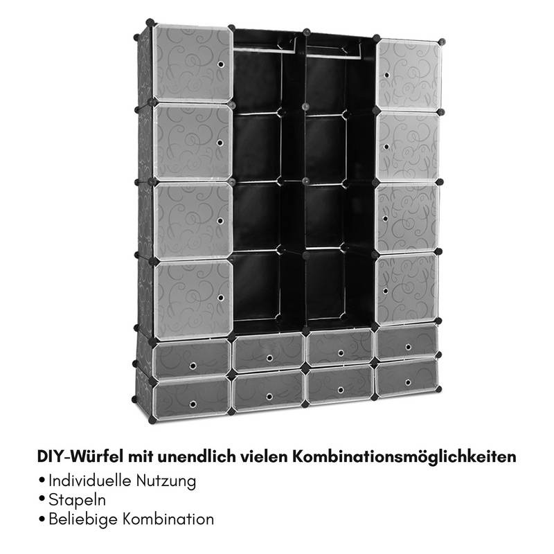 DIY Kleiderschrank Regalsystem Schuhregal 16 Würfel Garderobe aus Kunststoff, 142x37x180cm Schwarz und weiß