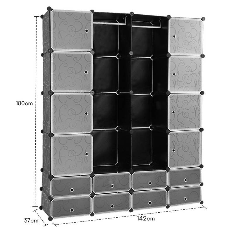 DIY Kleiderschrank Regalsystem Schuhregal 16 Würfel Garderobe aus Kunststoff, 142x37x180cm Schwarz und weiß