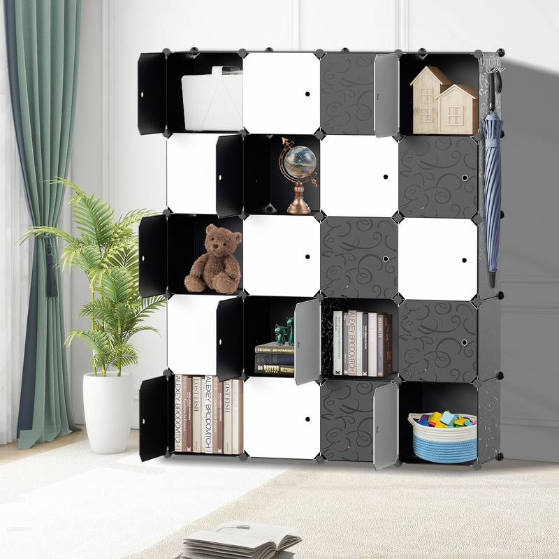 DIY Kleiderschrank Regalsystem Schuhregal 20 Würfel Garderobe aus Kunststoff, 175x140x35cm Schwarz und weiß