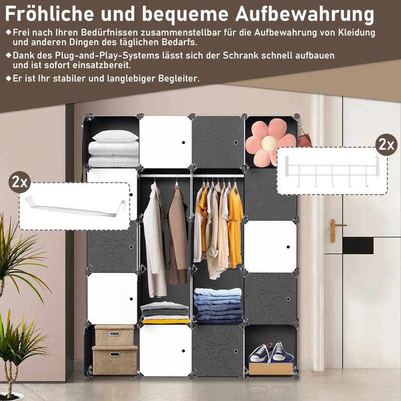 DIY Kleiderschrank Regalsystem Schuhregal 20 Würfel Garderobe aus Kunststoff, 175x140x35cm Schwarz und weiß