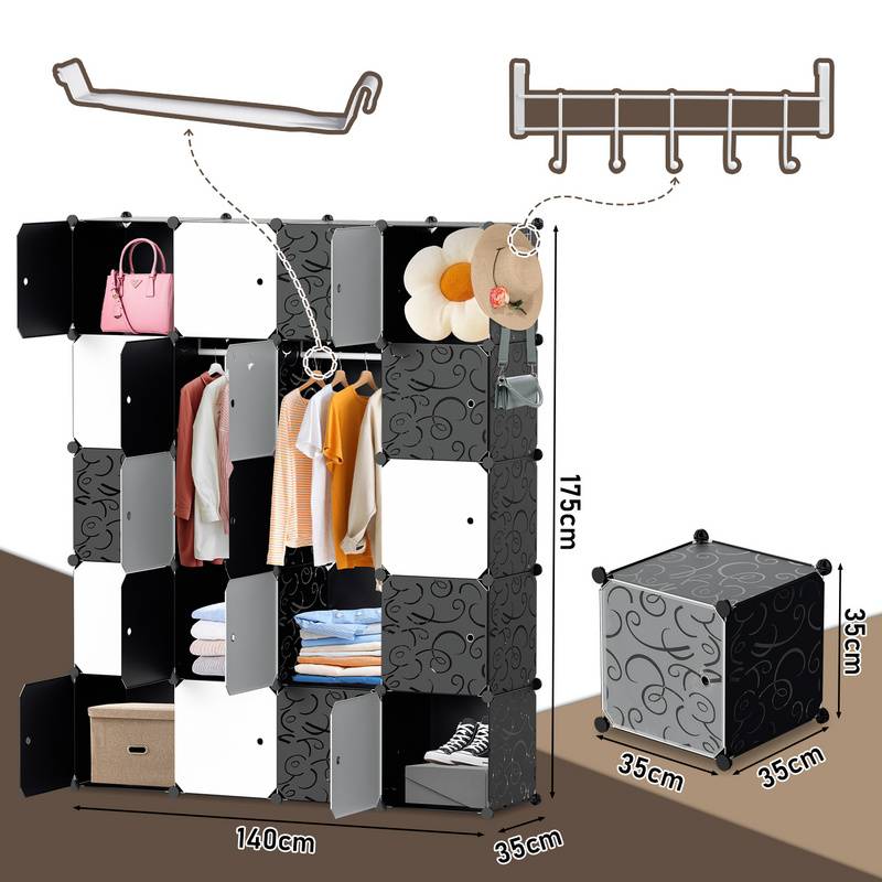 DIY Kleiderschrank Regalsystem Schuhregal 20 Würfel Garderobe aus Kunststoff, 175x140x35cm Schwarz und weiß