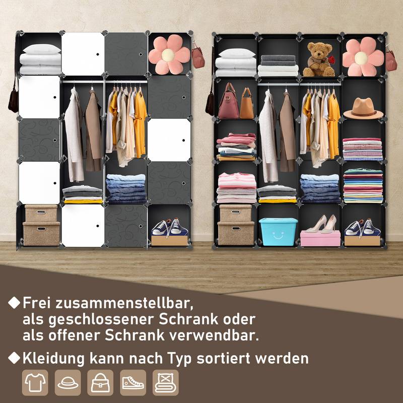 DIY Kleiderschrank Regalsystem Schuhregal 20 Würfel Garderobe aus Kunststoff, 175x140x35cm Schwarz und weiß