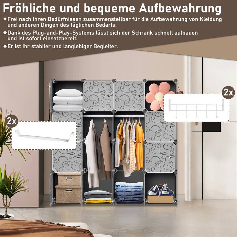 DIY Kleiderschrank Regalsystem Schuhregal 16 Würfel Garderobe aus Kunststoff, 140x140x35cm Schwarz und weiß