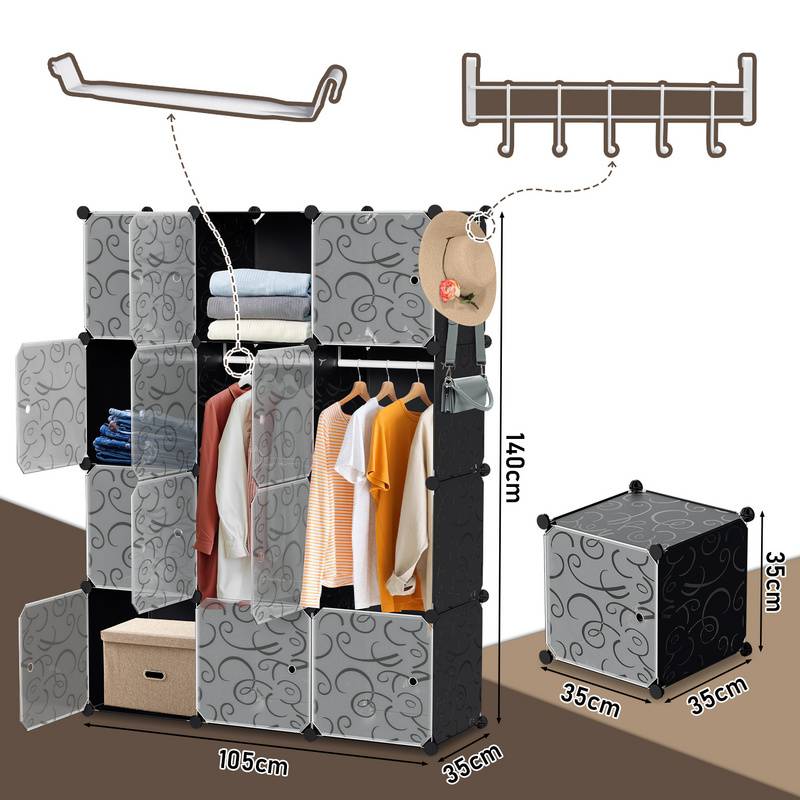 DIY Kleiderschrank Regalsystem Schuhregal 12 Würfel Garderobe aus Kunststoff, 140x105x35cm Schwarz und weiß