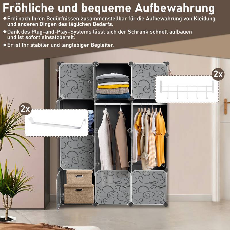 DIY Kleiderschrank Regalsystem Schuhregal 12 Würfel Garderobe aus Kunststoff, 140x105x35cm Schwarz und weiß