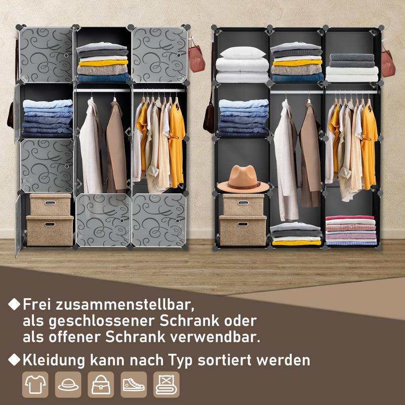 DIY Kleiderschrank Regalsystem Schuhregal 12 Würfel Garderobe aus Kunststoff, 140x105x35cm Schwarz und weiß
