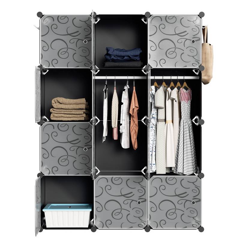 12 Boxen DIY Regalsystem Kleiderschrank Garderobenschrank Schrank Steckregal 140x105x35cm Schwarz und weiß