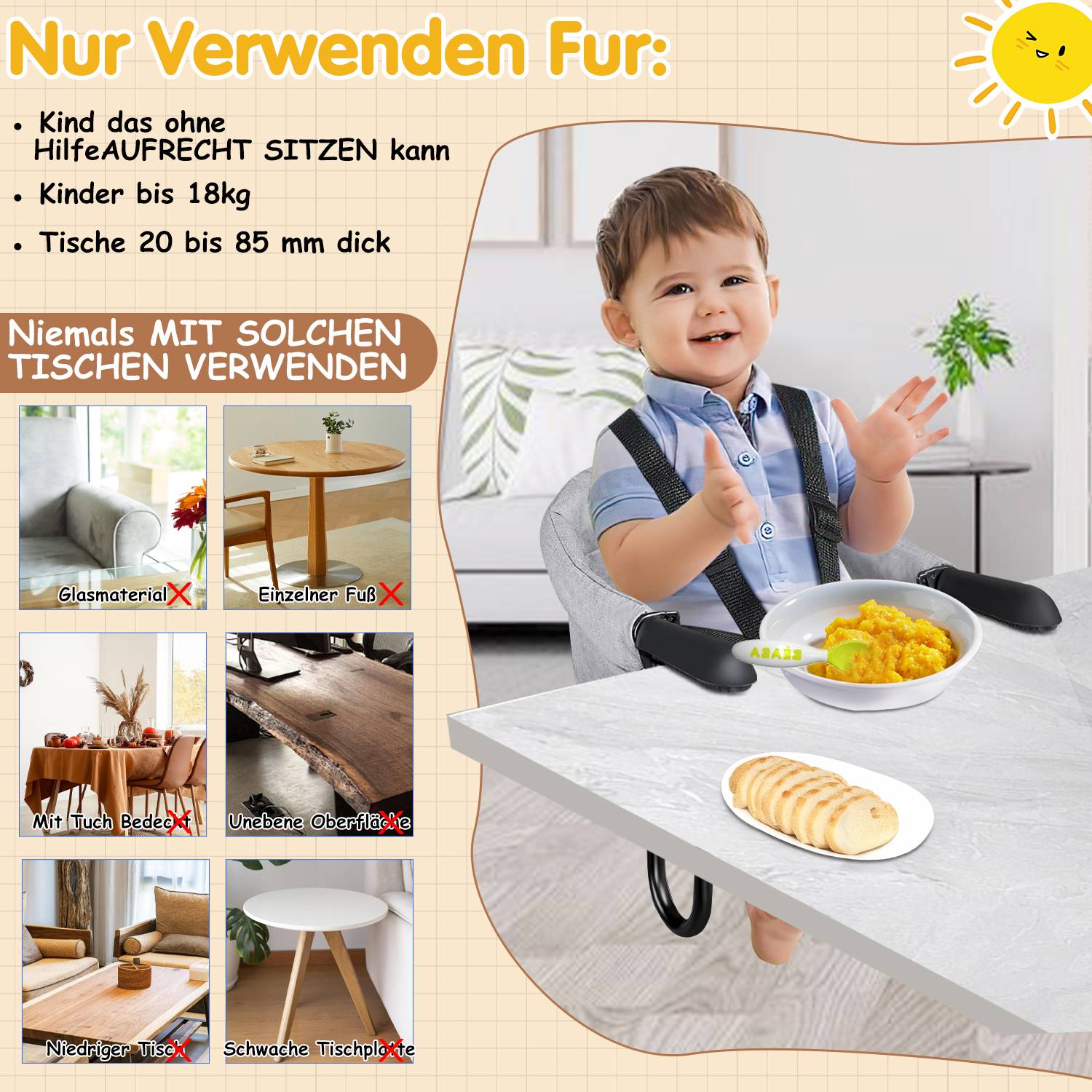 Tischsitz Babysitz Baby Tisch Faltbar Hochstuhl Sitzerhöhung Stuhlsitz mit Einteiliger Sicherheitsgurt und Rückenpolster für zu Hause und Unterwegs