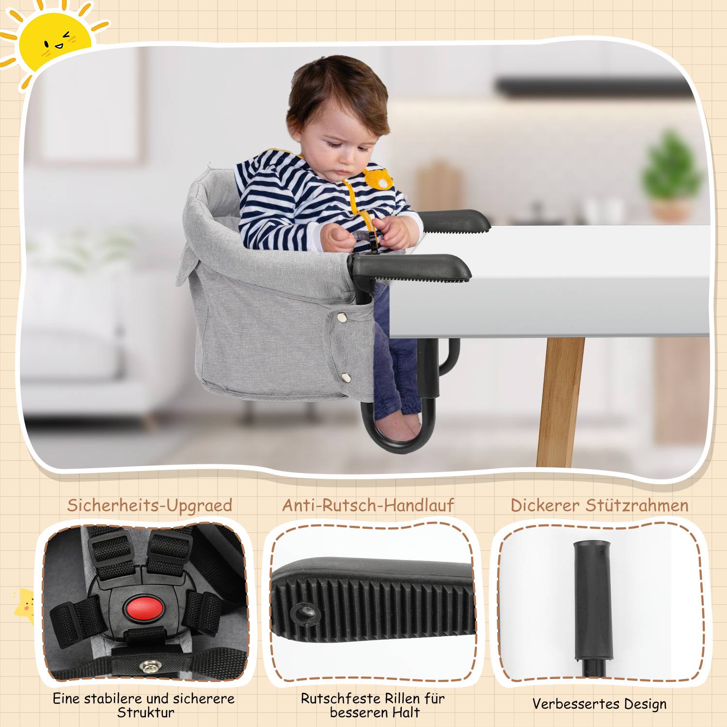 Faltbar Tischsitz Babysitz Klappbare Baby Stuhlsitz 6-36 Monate Babystuhl Tische Kinder Sitzerhöhung Sitzhilfe Babysitz mit Anti-Rutsch-Klemmen (42x