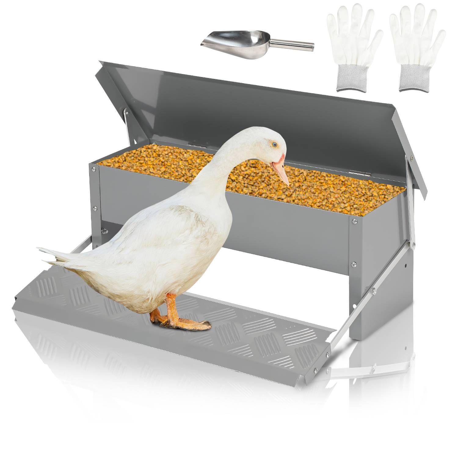 Futterautomat Hühner mit Handschuhe und Dosierlöffel – Automatischer Futterspender für Hühner, Gänse und Enten, 5KG Kapazität, rattensicher