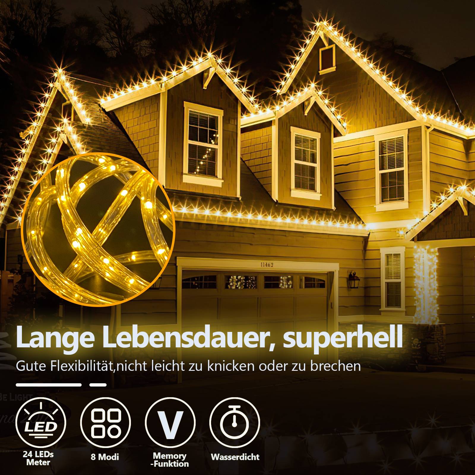 20M LED Lichterschlauch Lichtschlauch Lichterkette fuer Aussen und Innen mit 480 LEDs Weihnachtsbeleuchtung Weihnachten Deko Warmweiß