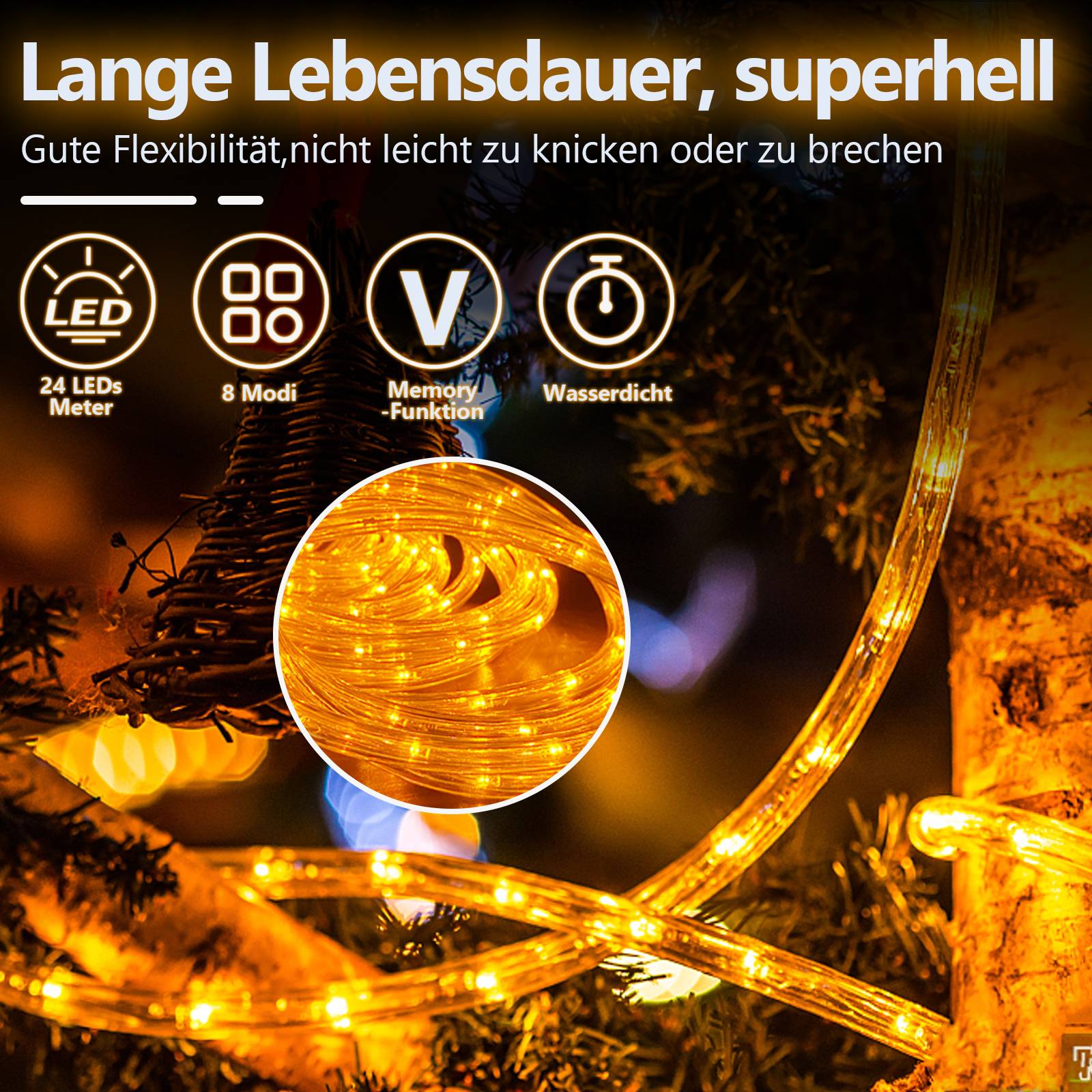 20M LED Lichterschlauch Lichtschlauch Lichterkette fuer Aussen und Innen mit 480 LEDs Weihnachtsbeleuchtung Weihnachten Deko Gelb