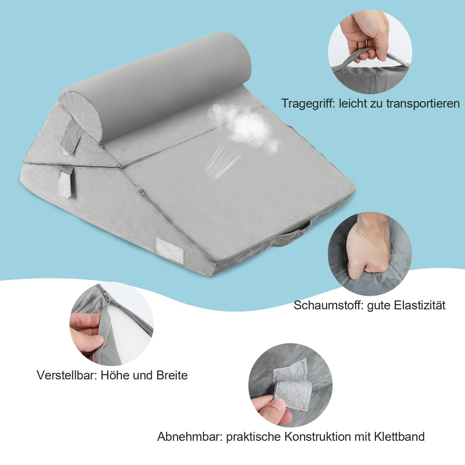 Lesekissen Rückenkissen für Bett und Sofa Relaxkissen Nackenkissen mit Bezug abnehmbar waschbar Memory Foam Beinkissen Relaxkissen Bett Grau