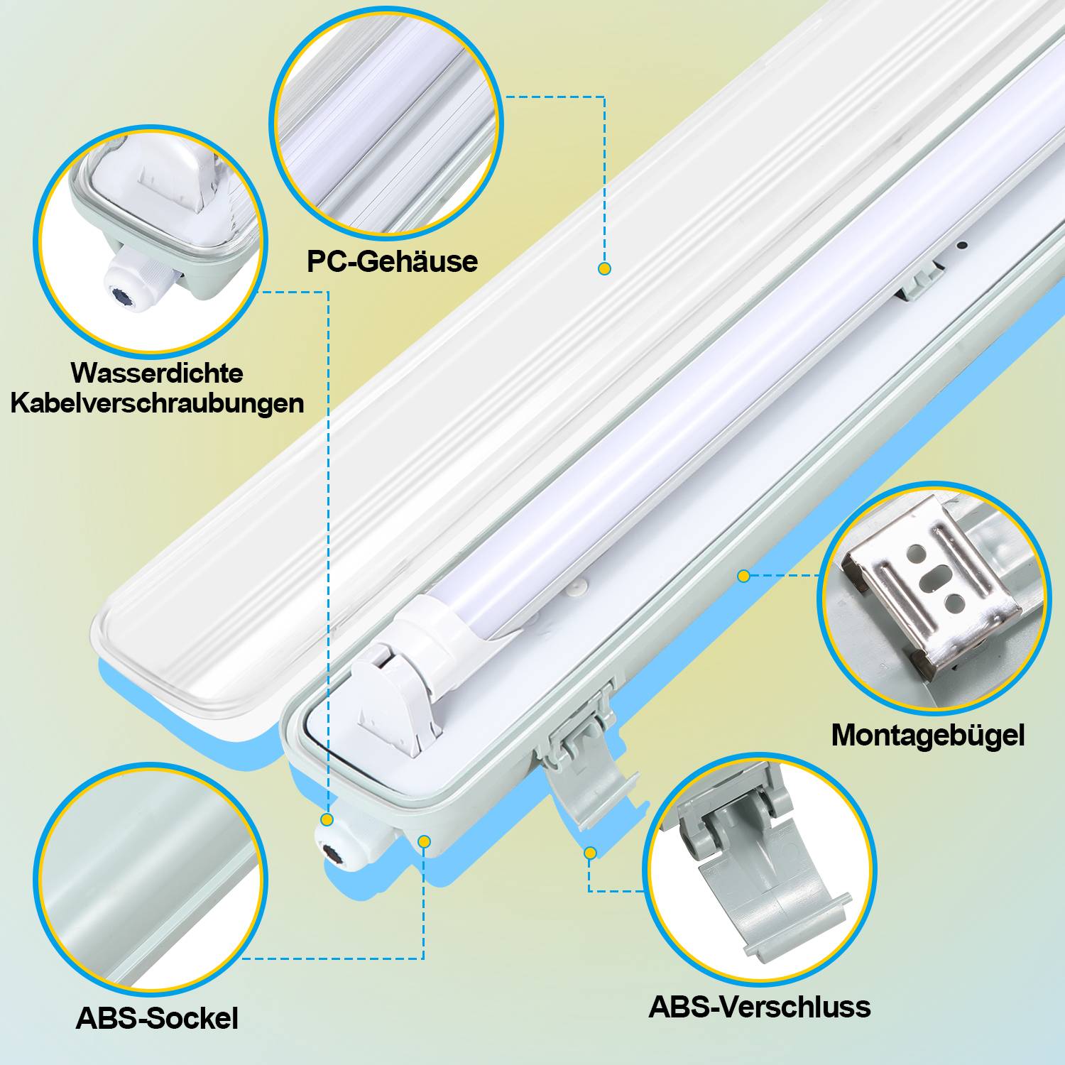 6X LED Feuchtraumleuchte Wannenleuchte 150cm 1 x 24W T8 Röhre Kaltweiß 6500K IP65