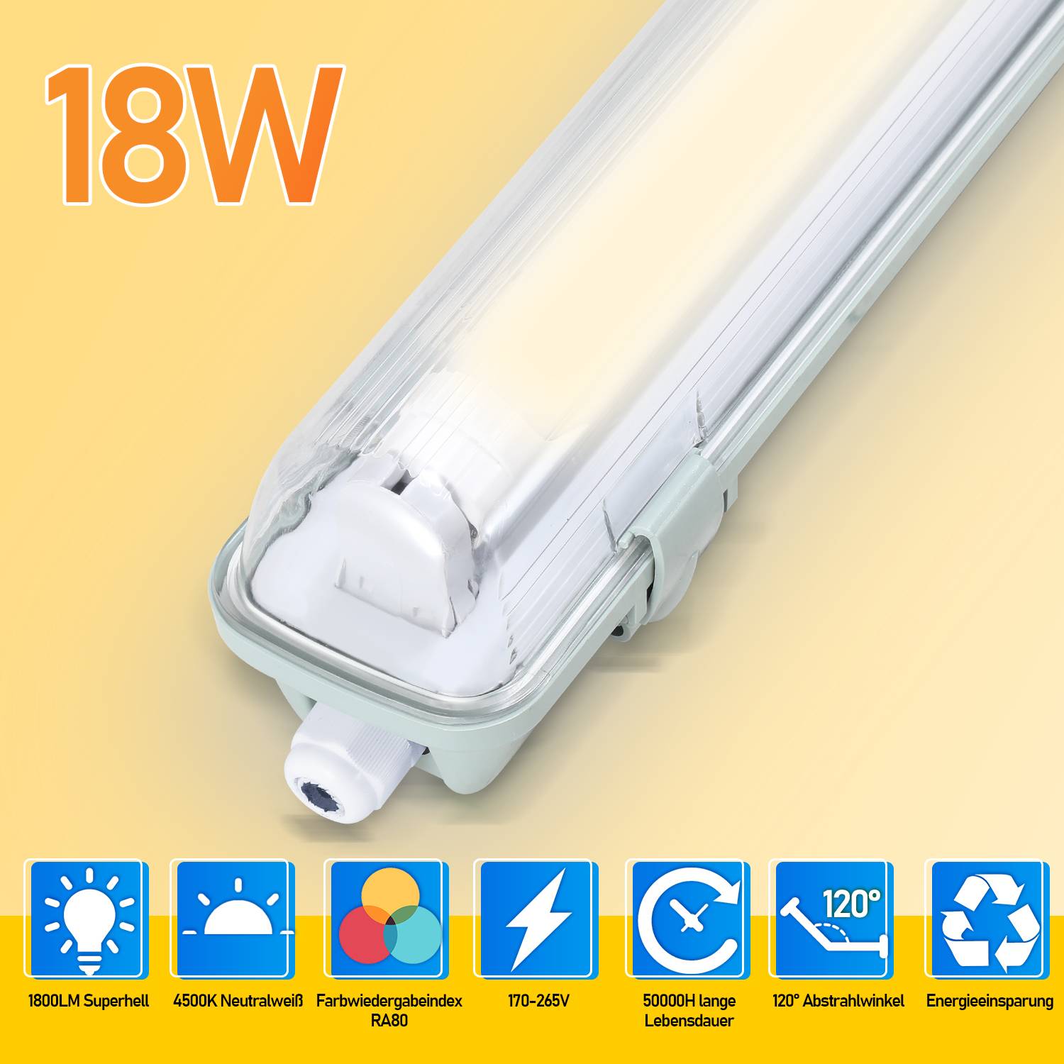 10X LED Feuchtraumleuchte Wannenleuchte 120cm 1 x 18W T8 Röhre Neutralweiß 4500K IP65