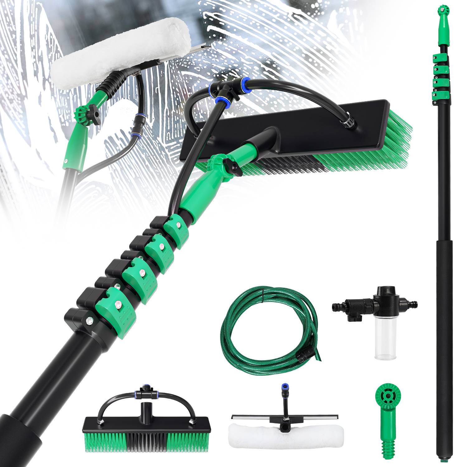 Waschbürste Teleskopstiel und Wasserzufuhr Set, 4.8 m Stiel, für Reinigung von Terrassenplatten, Fenster- und Glasflächen usw.