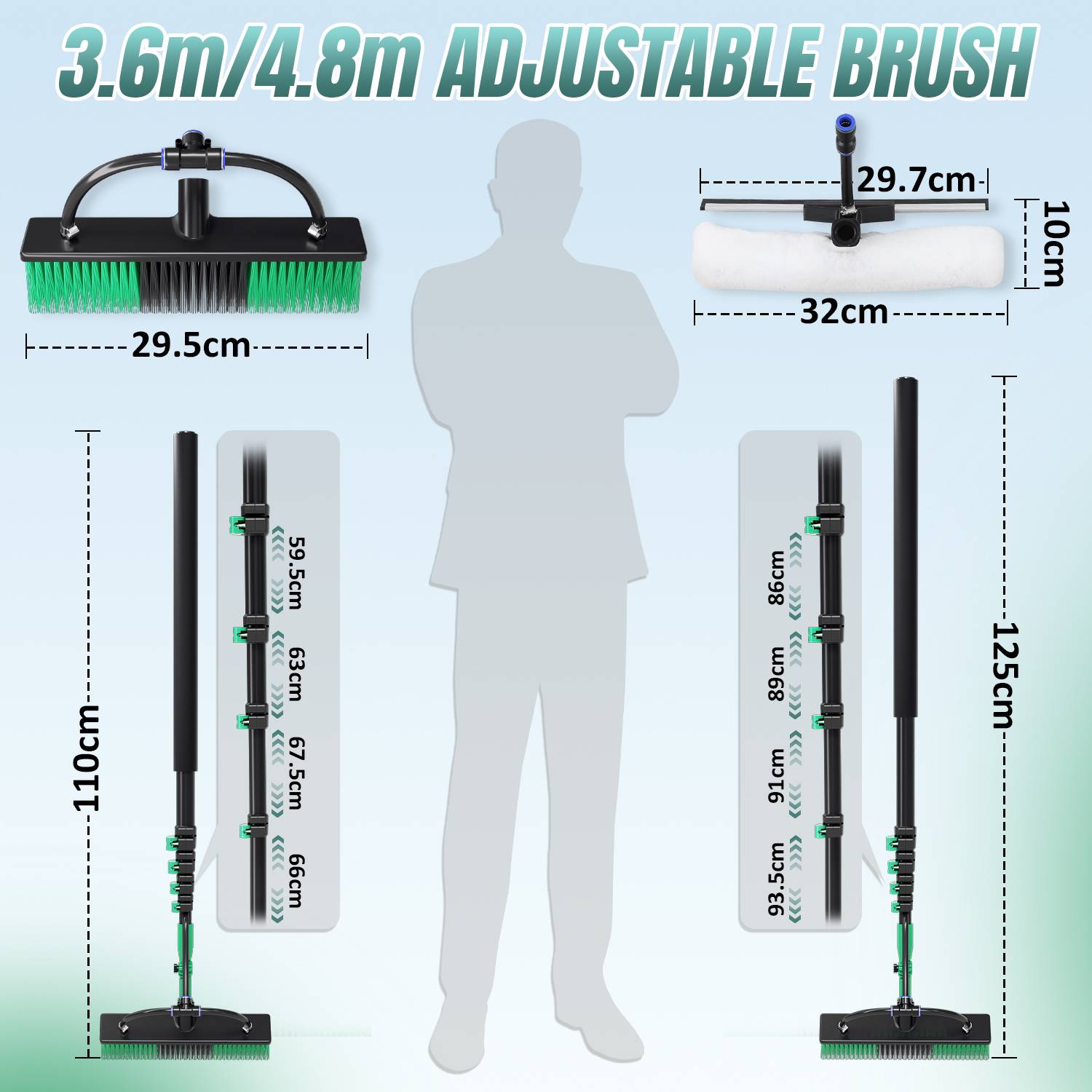 Waschbürste Teleskopstiel und Wasserzufuhr Set, 4.8 m Stiel, für Reinigung von Terrassenplatten, Fenster- und Glasflächen usw.