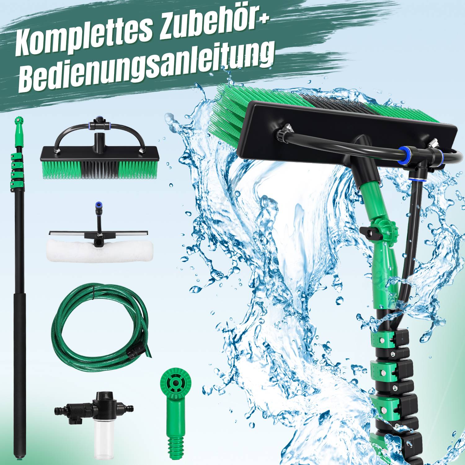 Waschbürste Teleskopstiel und Wasserzufuhr Set, 4.8 m Stiel, für Reinigung von Terrassenplatten, Fenster- und Glasflächen usw.