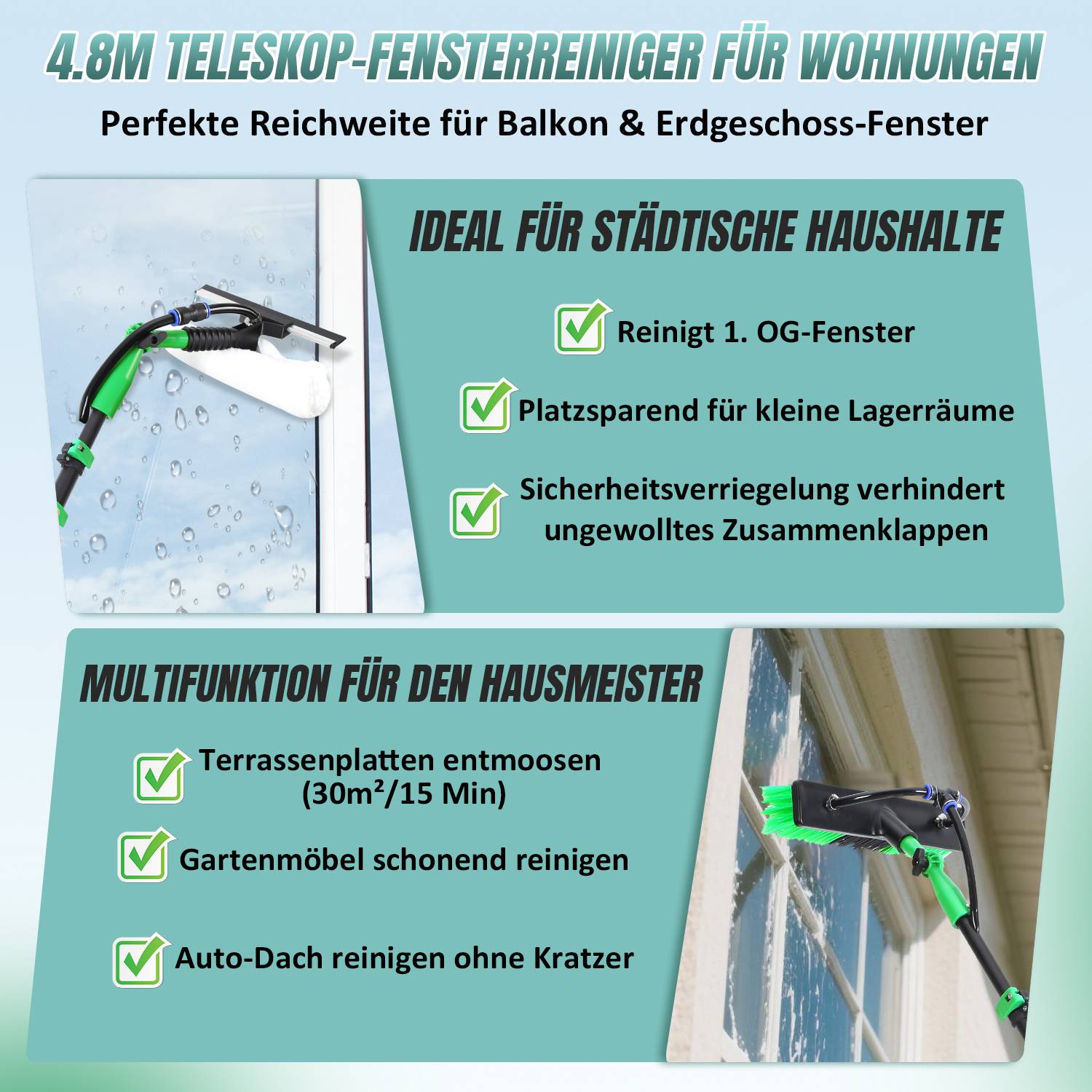 Waschbürste Teleskopstiel besen mit Wasseranschluss, 4.8 m lang, für Reinigung von Terrassenplatten, Fenster- und Glasflächen usw.
