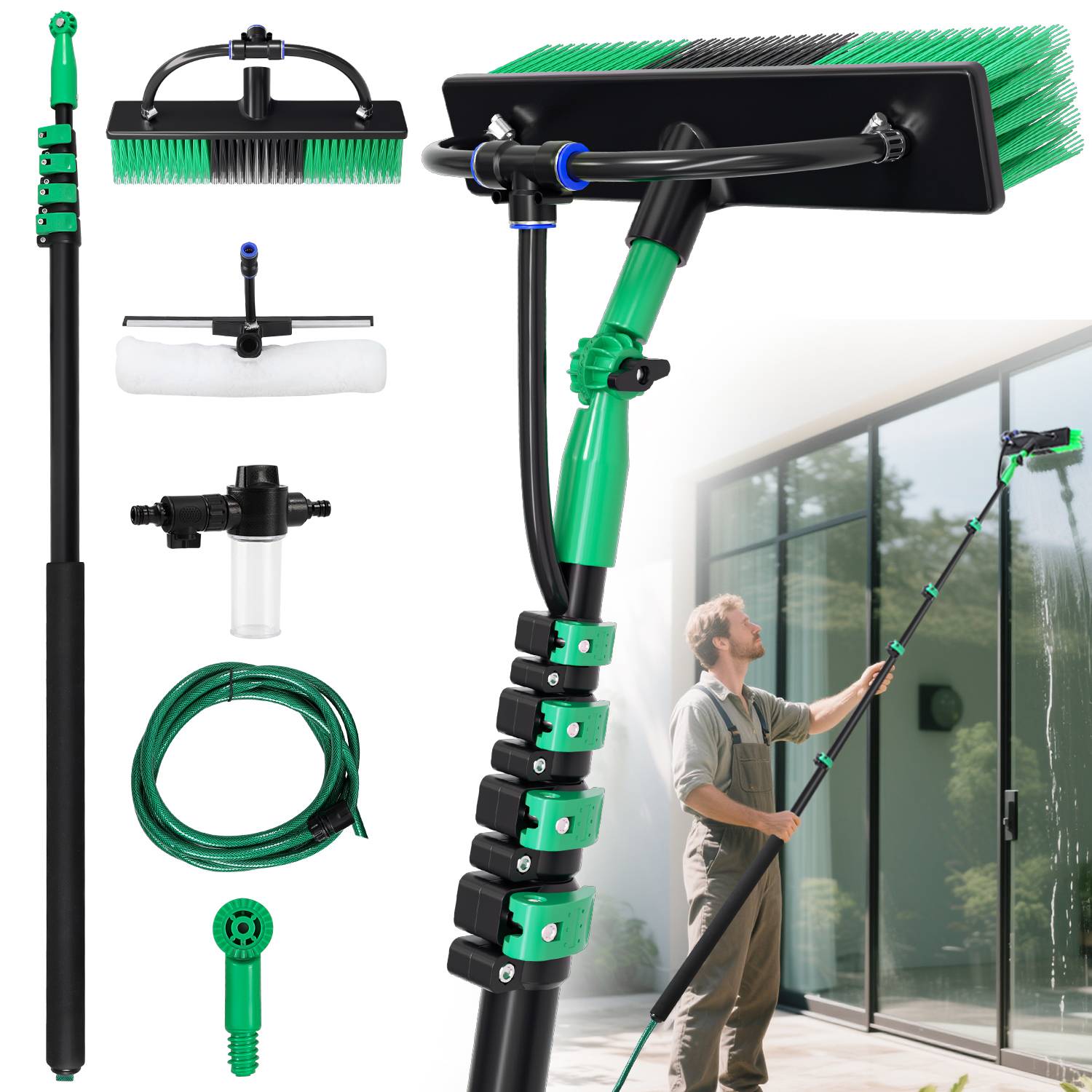 Waschbürste Teleskopstiel besen mit Wasseranschluss, 3.6 m lang, für Reinigung von Terrassenplatten, Fenster- und Glasflächen usw.
