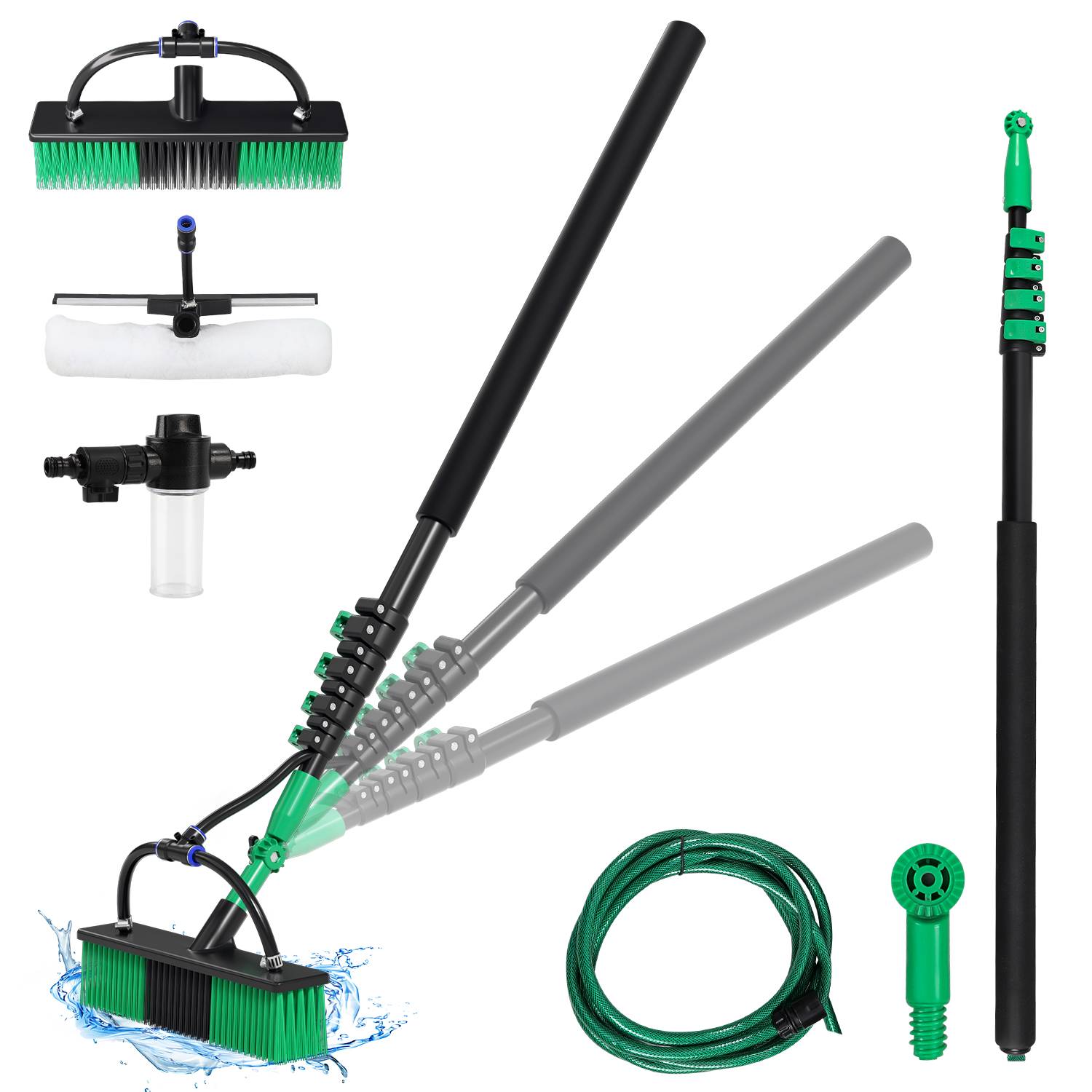 Waschbürste Teleskopstiel besen mit Wasseranschluss, 4.8 m lang, für Reinigung von Terrassenplatten, Fenster- und Glasflächen usw.