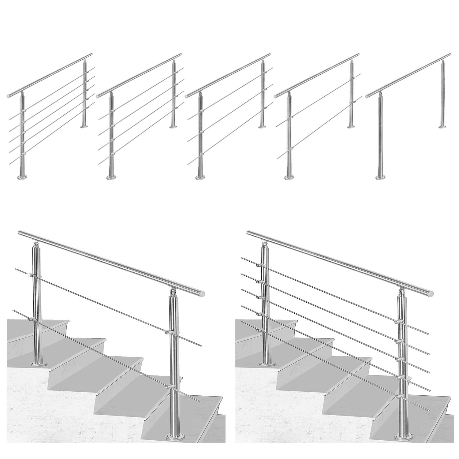 160 cm Edelstahl Handlauf Geländer Treppengeländer mit 4 Querstreben für Treppen Brüstung Ø 42mm Balkongeländer Aufmontage