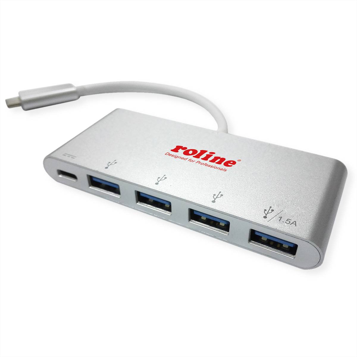 ROLINE USB 3.2 Gen 1 Hub, 4fach, Typ C Anschlusskabel, mit 1 PD-Port Eingabe / Ausgabe und Hubs