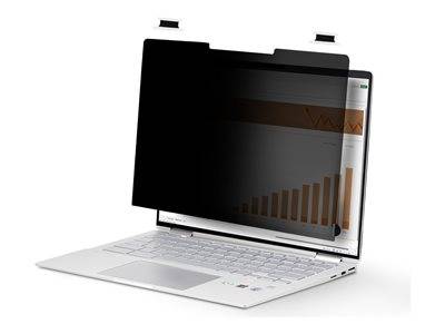 Ein Laptop mit einem Sichtschutzfilter, bei dem nur die Person direkt davor den Bildschirm einsehen kann, der ein Balkendiagramm zeigt.