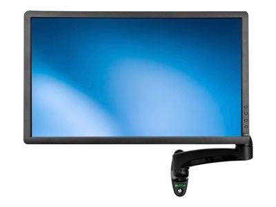 Ein breiter Computerbildschirm mit schwarzem Rahmen und Ständer, der einen blauen Verlaufsbildschirm anzeigt und dadurch signalisiert, dass er eingeschaltet ist.