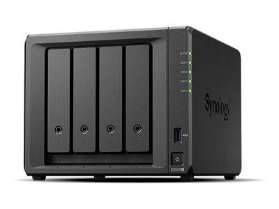 Ein schwarzes Synology-Netzwerkspeichergerät mit vier Laufwerkschächten und Indikatorlichtern wird gezeigt.