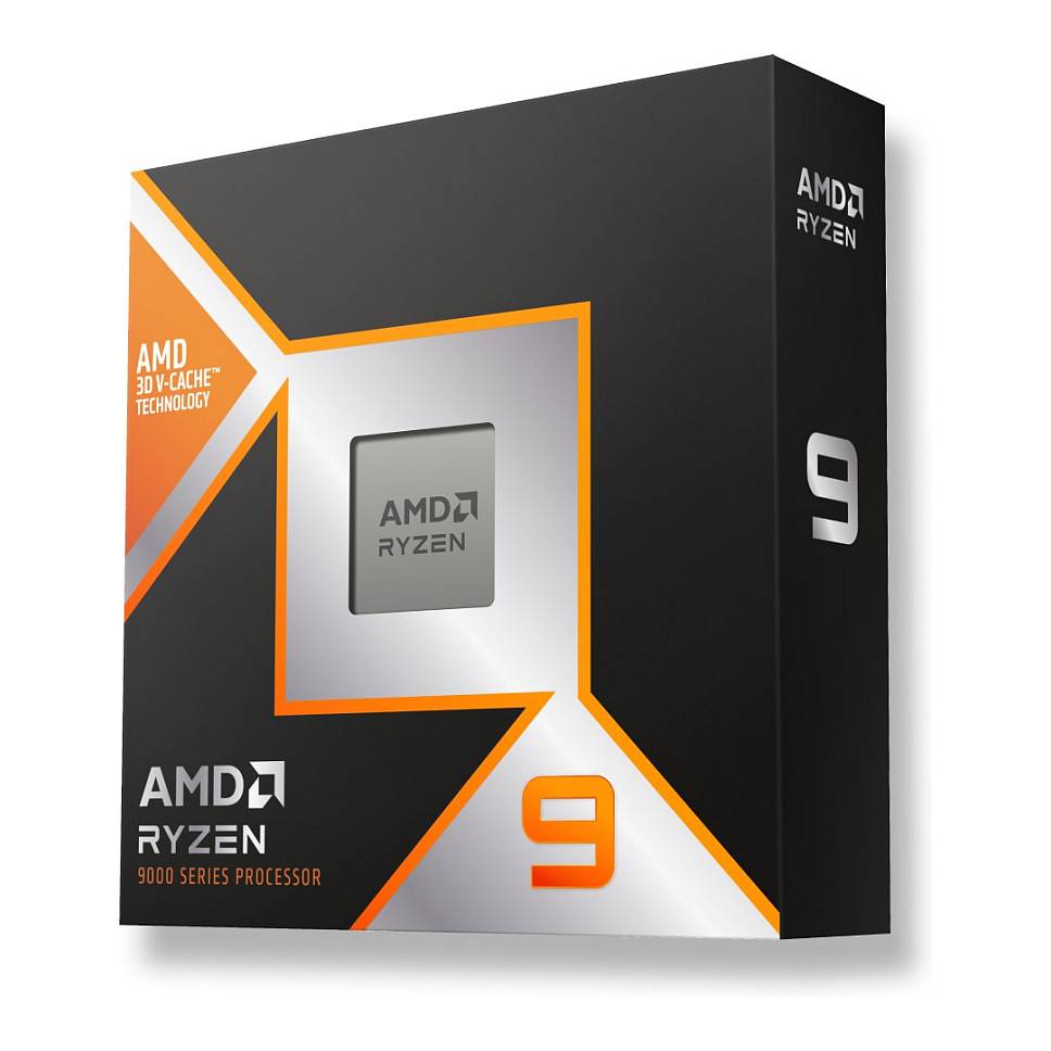 AMD Ryzen 9 3D V-Cache Prozessor-Verpackung mit schwarzem und orangefarbenem Design sowie fettgedrucktem 