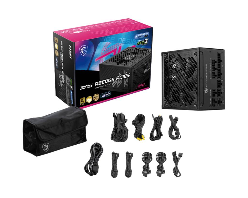 MSI MPG A850GS PCIE5, 850 W, 100 - 240 V, 50/60 Hz, Aktiv, 120 W, 850 W