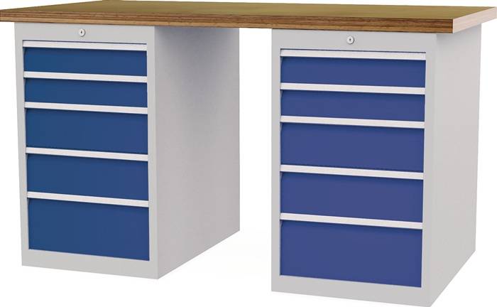 Werkbank B1500xT750xH859mm Buche-Multiplex lichtgrau/signalblau 10Schubl.