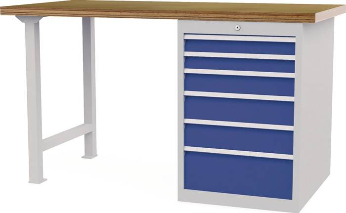 Werkbank B1500xT750xH859mm Buche-Multiplex lichtgrau/signalblau 6Schubl.