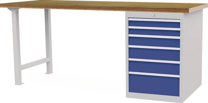 Werkbank B2000xT750xH859mm Buche-Multiplex lichtgrau/signalblau 6Schubl.Türen