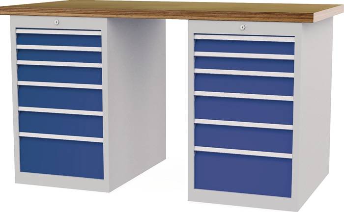 Werkbank B1500xT750xH859mm Buche-Multiplex lichtgrau/signalblau 12Schubl.